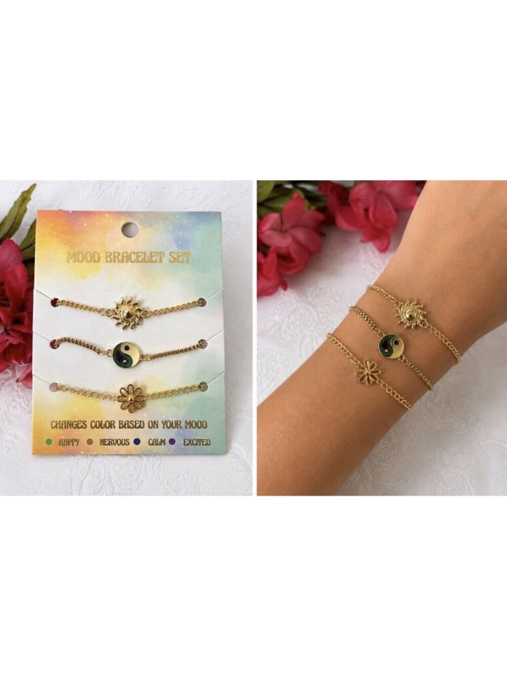 Mood Bracelet Stackable Thin Gold-Tone Charms Sun Peace Set of 3 Summer Fun NEW